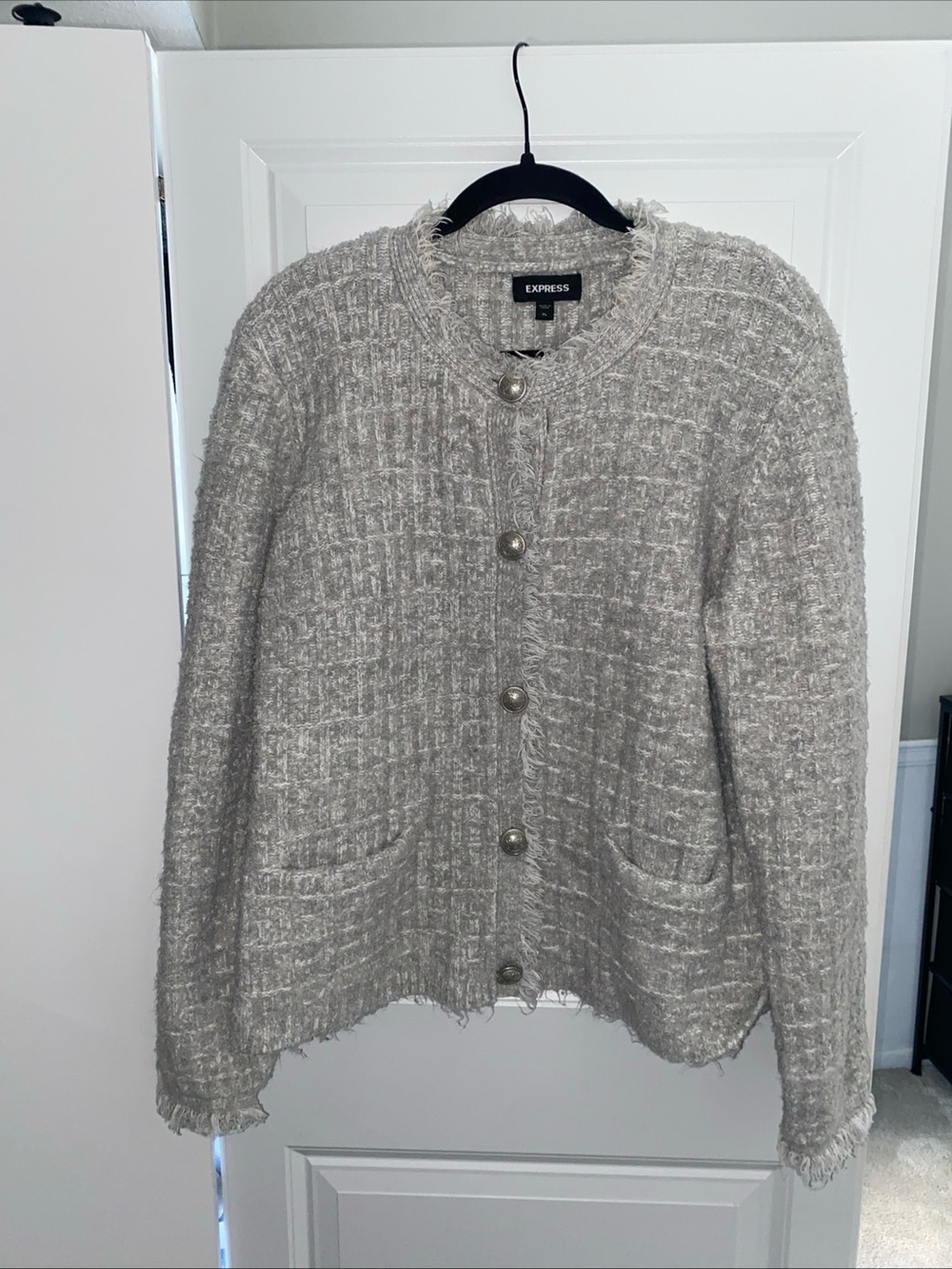 Express Sweater Cardigan Womens XL Gray Fringe Trim Button Front